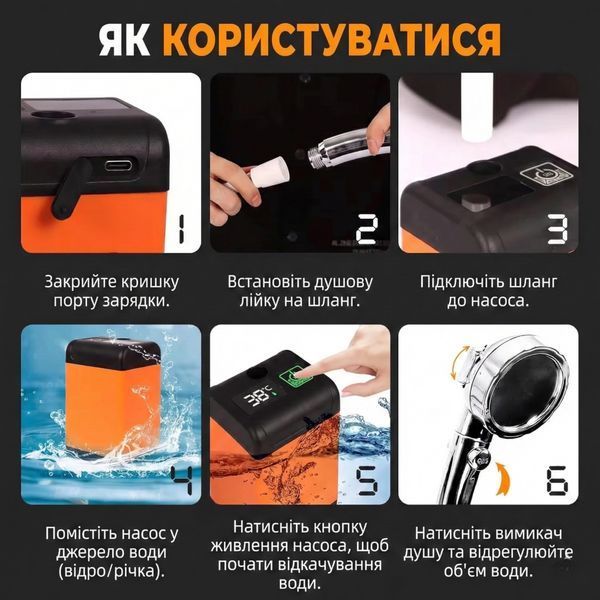 Туристичний портативний акумуляторний душ на 7800 mAh з насосом, переносний автономний мобільний душ dush7800 фото